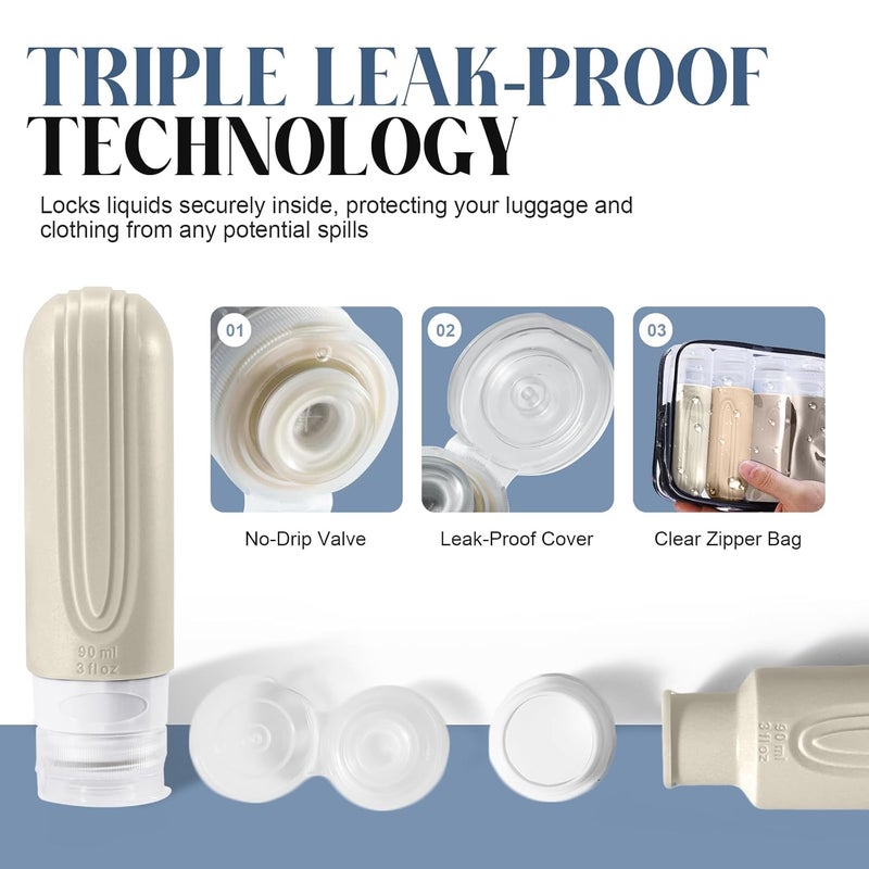 YIIMER Travel Bottles for Toiletries, 3oz TSA Approved Travel Size Toiletries, Silicone Leak-Proof Refillable Containers, Squeezable Liquid Essentials Bottles W/Clear Bag (CREAM) - Image 4